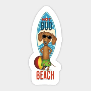 funny cute swimming doxie dog with  Hot Bod on beach dachshund dog Sticker